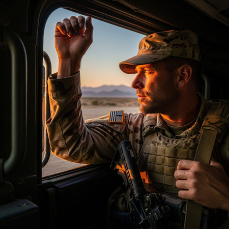 Soldier in military uniform looks out the window of a military truck