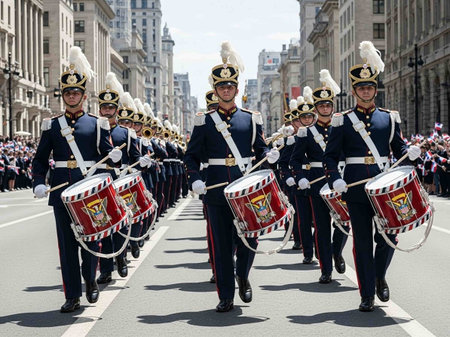 Military drummers march at the annual Victoria Day parade.
