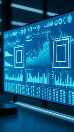 Stock market graphs and charts on computer screen. Finance and investment concept.
