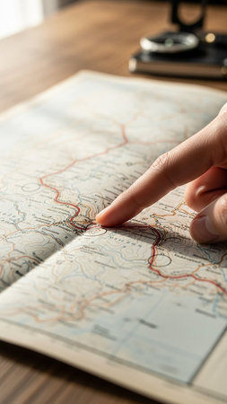 Close-up of a woman's finger pointing to a map.の写真素材