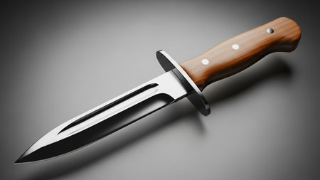 3d illustration of a hunting knife with wooden handle on a gray background