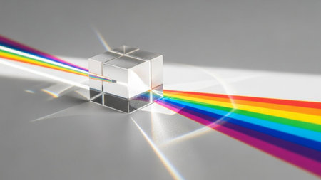 3d illustration of silver cube with rainbow colors on white background.の写真素材