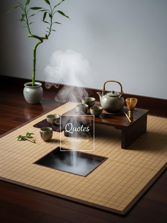 Japanese tea ceremony with teapot, cup and bamboo on wooden tableの写真素材