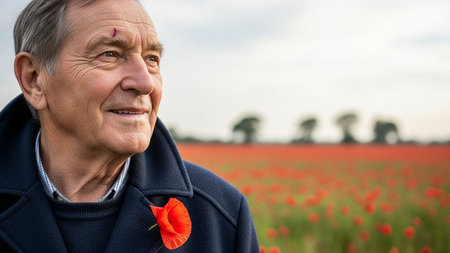 Portrait of a senior man with poppy flower in the field.の写真素材
