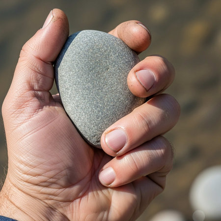 Stone in a woman's hand on the background of the sea.の写真素材