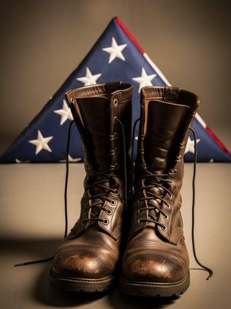 A pair of brown military boots on a background of the American flag