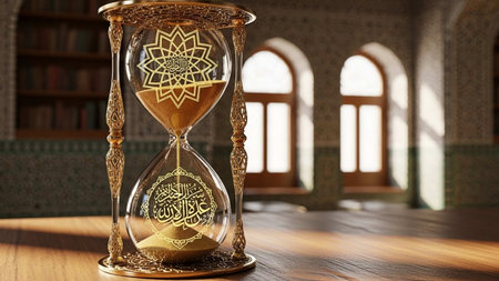 Hourglass with Islamic ornament inside the mosque. 3D rendering.