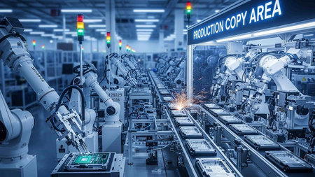 Automation of assembly line in factory. Concept of industrial revolution and automated manufacturing...