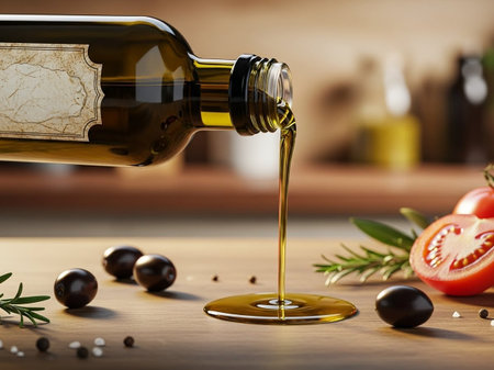 Olive oil pouring from bottle into bowl on wooden table in kitchenの写真素材