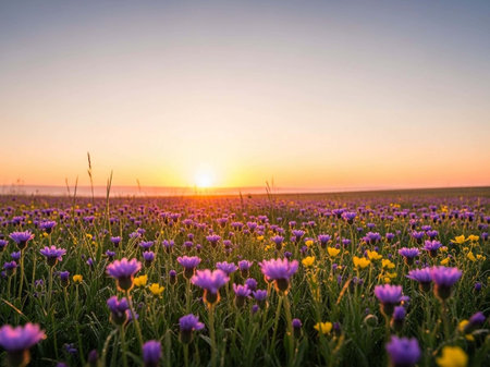 Sunset over a meadow with purple cornflowers in the foregroundの写真素材