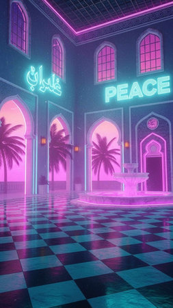3D Illustration of a Beautiful Nightclub with Palm Trees.