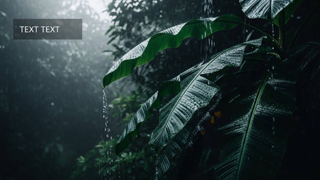 Tropical rainforest with rain drops flowing down the leaves.の写真素材