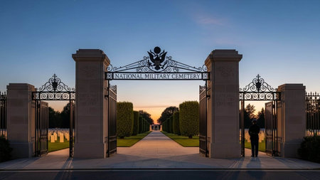 Entrance gate to the garden at sunset. The entrance to the park.