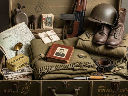 Vintage still life with a map, ammunition and other equipment.の写真素材