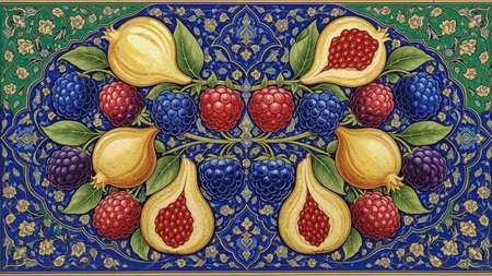 Pomegranate, raspberries, blackberries and figs on a blue background