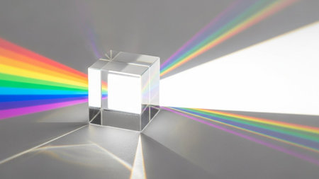 3d render of a silver cube with a rainbow light in the background