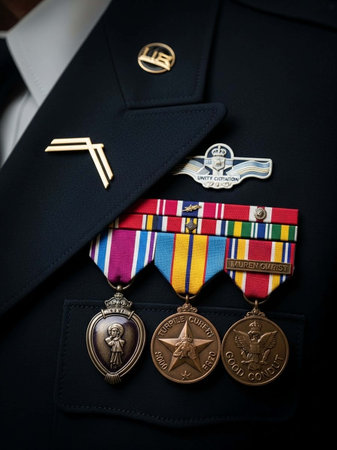 Close-up of military uniform with medals and awards. Selective focus.の写真素材