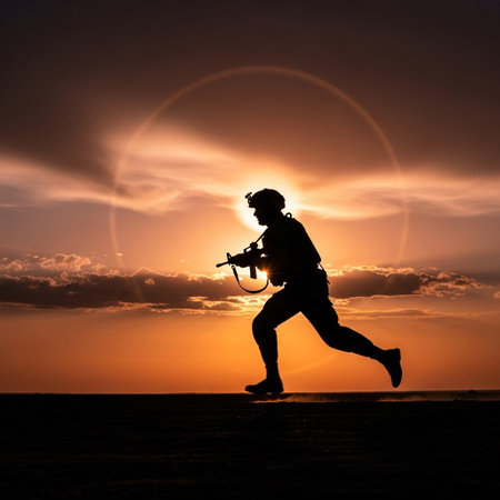 Silhouette of a soldier running against the background of the sunset