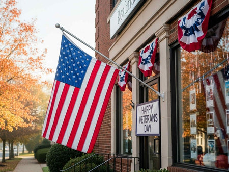 Flag of the United States of America in front of the entrance to a restaurant