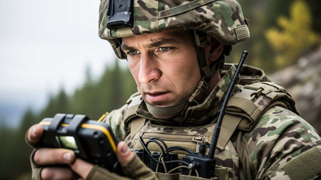 Portrait of soldier using walkie talkie in the boot camp