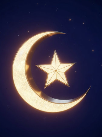 Ramadan Kareem greeting card with golden crescent moon and starの写真素材