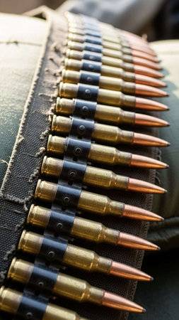 Bullets and ammunition belt of machine gun close-up macro.