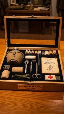 Vintage wooden box with various items inside.の写真素材