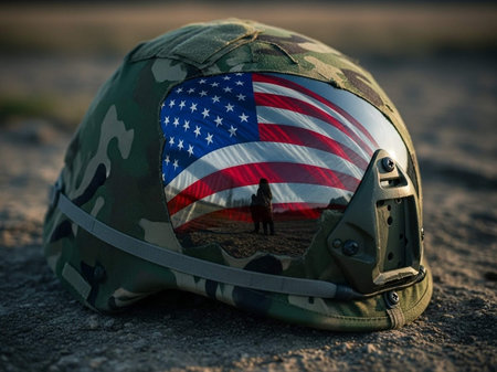 American military helmet on the ground with flag of United States of Americaの写真素材