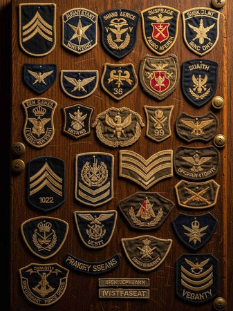 Russian military badges on a wooden background. Russian military badges on a wooden background.の写真素材