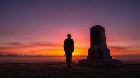 Silhouette of a man standing in front of the monument at sunsetの写真素材