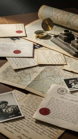 Vintage still life with old map, compass and old photos on wooden tableの写真素材