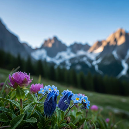 Beautiful spring flowers on the background of the Dolomites mountainsの写真素材