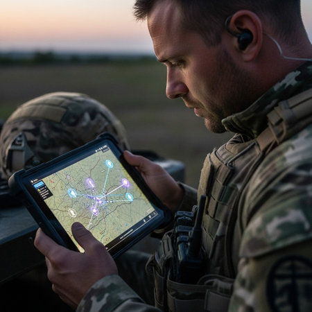 Close-up of soldier using digital tablet with map on screen.