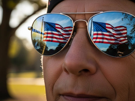 Close-up portrait of senior woman wearing sunglasses with USA flag.の写真素材