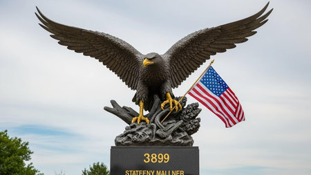 Eagle statue with American flag in the background, South Dakota