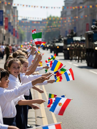 Unidentified children with flags on Victory Day parade.