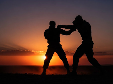Silhouette of two muay thai fighters fighting at sunsetの写真素材