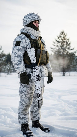 Portrait of a young soldier standing in the snow in winter.