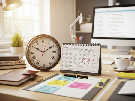 Time is running out concept with clock and calendar on table in officeの写真素材