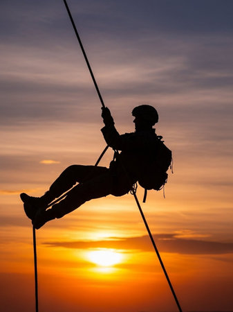 Silhouette of a climber hanging on a rope at sunsetの写真素材