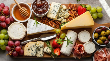 Cheese platter with grapes, prosciutto, honey and nuts