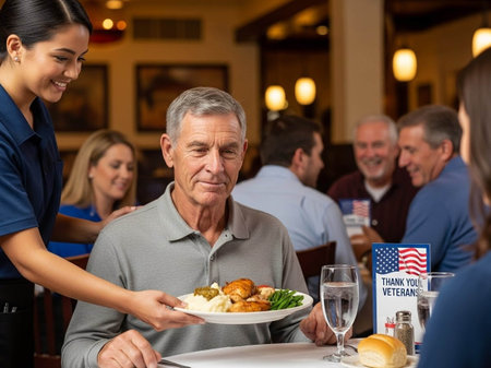 Senior man having lunch in restaurant with friends in background, looking at cameraの写真素材