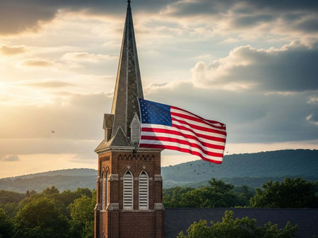 Church steeple and flag of the United States of America against sunsetの写真素材