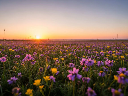 Sunset or sunrise over a field with purple and yellow wildflowers