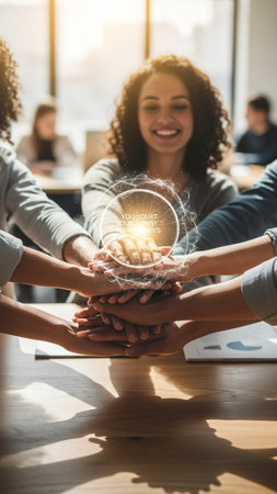 Teamwork concept. Group of business people joining hands in office.
