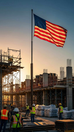 Construction workers working on a building site at sunset with a United States flag in the foregroundの写真素材