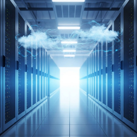 server room with cloud computing and data center 3d rendering image.