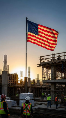 Construction site with the flag of the United States of America on the backgroundの写真素材
