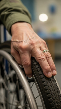 Close-up of person's hand pushing wheel of a wheelchair
