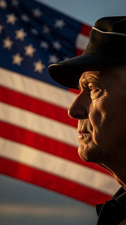 Portrait of senior man wearing hat and looking away against american flagの写真素材